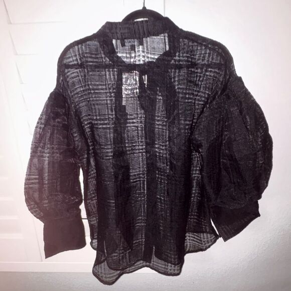 Garcia Womens 1xl Black Sheer Blouse with Tie Neck - Picture 4 of 4